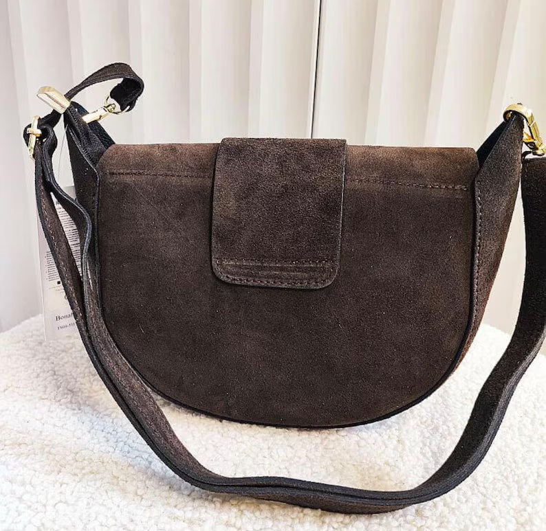 Torebka zamszowa czekoladowa listonoszka, damska torebka, Naturalny zamsz